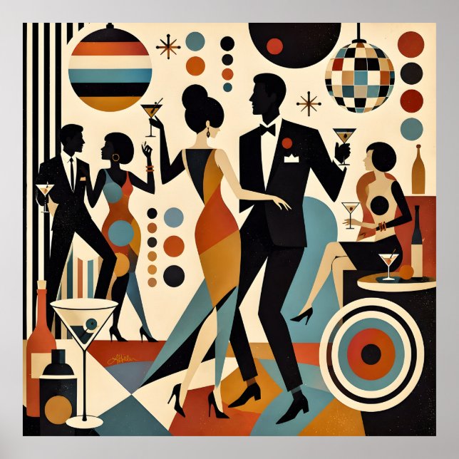 Abstrakta Jazzy Martinis och Dansande Cocktailpart Poster (Framsidan)