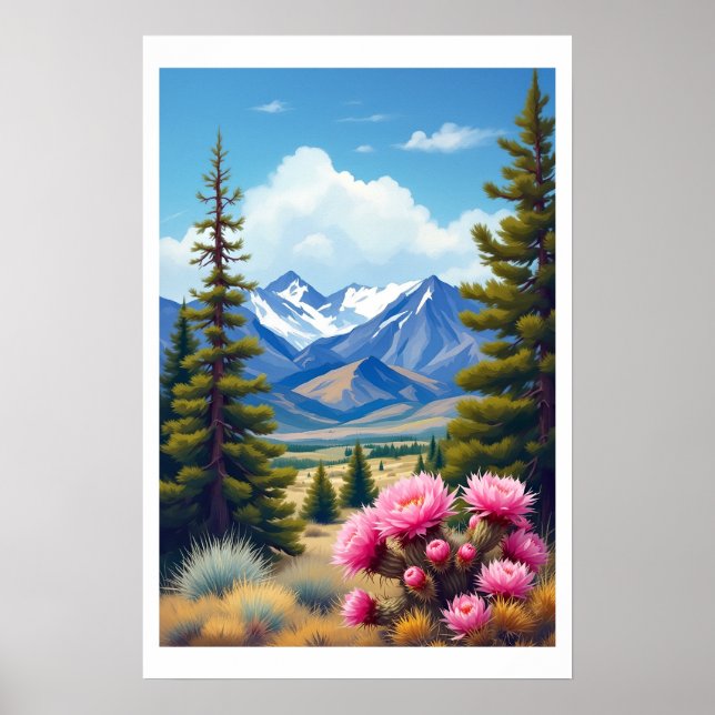 Abstrakta Klippiga bergen Tallträd Kaktus Poster (Framsidan)