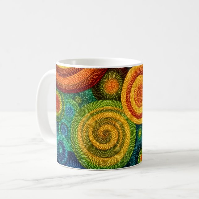 Abstrakta koncentriska cirklar i levande multicolo kaffemugg (Framsida vänster)