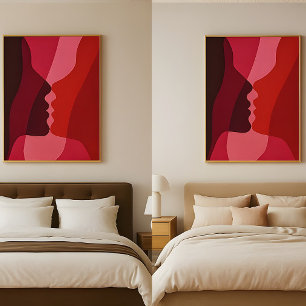 Abstrakta kyssande siluetter i rött och magenta poster