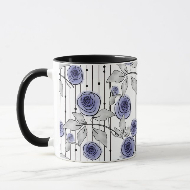 Abstrakta moderna rosor blommor violett grå vit va mugg (Vänster)