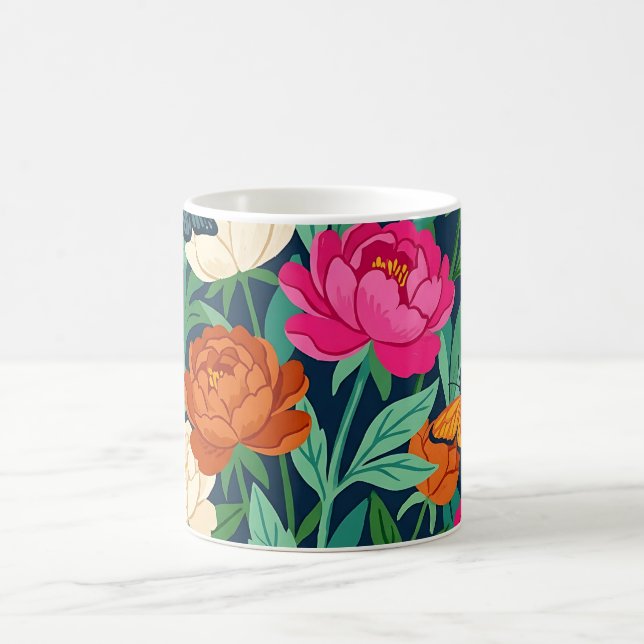 Abstrakta Peonior Fjärilar Boho Kaffe Mugg (Center)