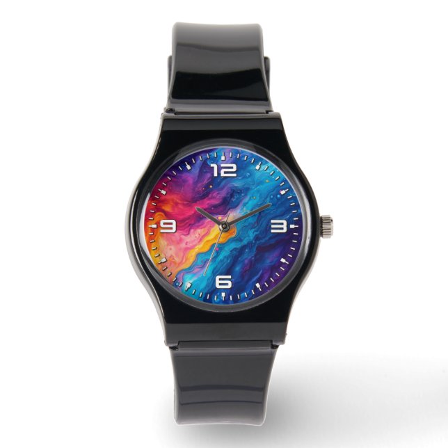 Abstrakta regnbågsfärger akvariefärg konstnär armbandsur (Framsida)