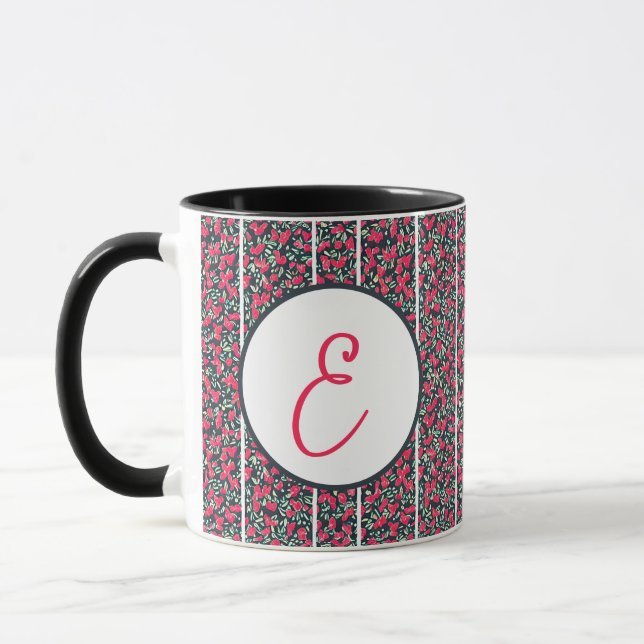 Abstrakta rosa blommor och vita ränder monogram mugg (Vänster)