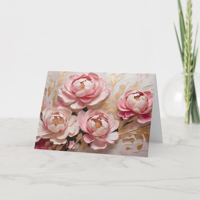 Abstrakta rosa och guld färgade pionblommor kort (Framsida)