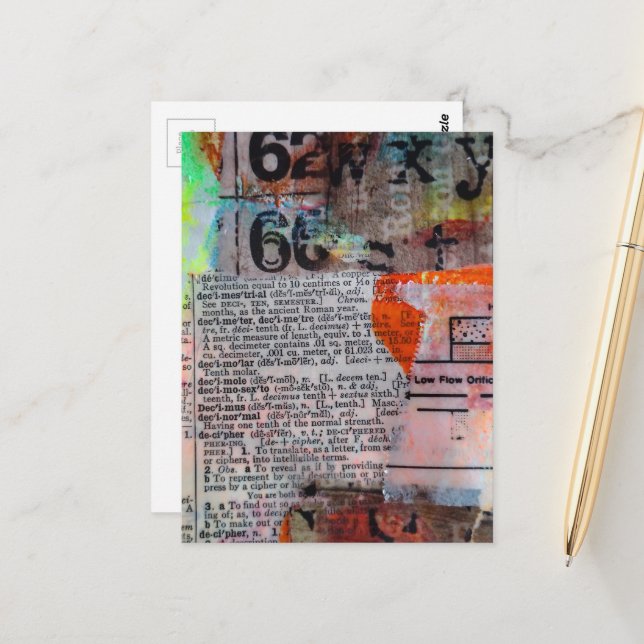 Abstrakta siffror bokstäver grunge collage  vykort (Fram/Back In Situ)