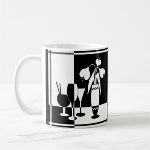 Abstrakta svarta vita blommor vas vinglas monokrom kaffemugg