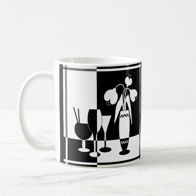 Abstrakta svarta vita blommor vas vinglas monokrom kaffemugg (Vänster)