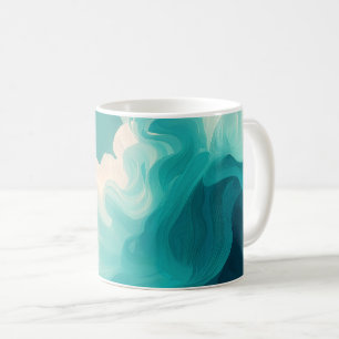 Abstrakta teal- och vitflytande vågor kaffemugg