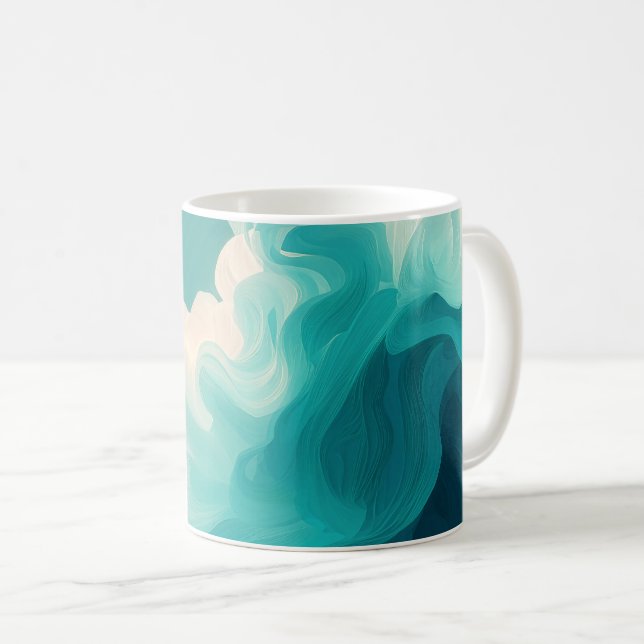 Abstrakta teal- och vitflytande vågor kaffemugg (Framsida höger)