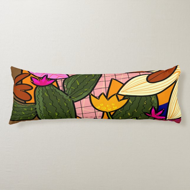Abstrakta tropiska blad och blommor  kroppskudde (Framsidan)
