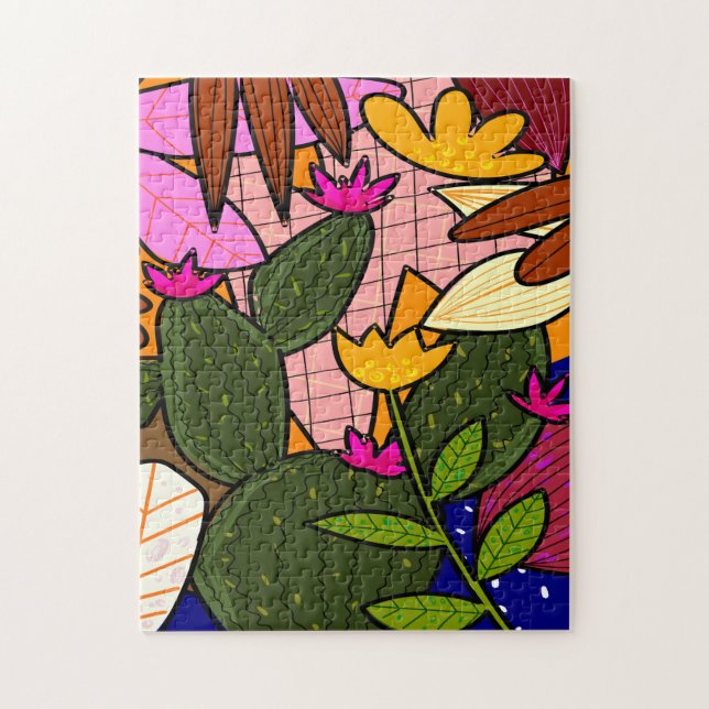 Abstrakta tropiska blad och blommor  pussel (Vertikal)