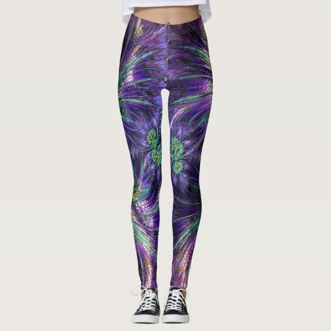 Abstrakten Ametyst Lila och Aqua Feathers Leggings (Framsida)