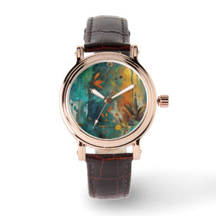 Abstrakten Autumn Harvest Teal Rust Guld Armbandsur