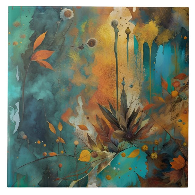 Abstrakten Autumn Harvest Teal Rust Guld Kakelplatta (Framsidan)