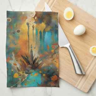 Abstrakten Autumn Harvest Teal Rust Guld Kökshandduk