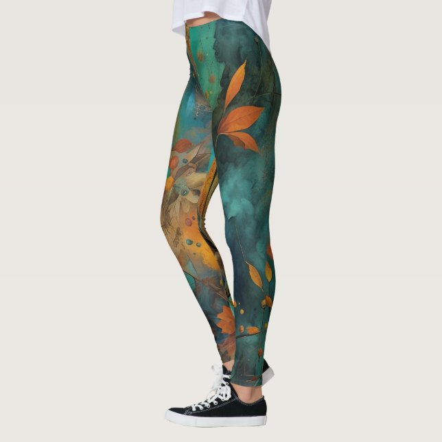 Abstrakten Autumn Harvest Teal Rust Guld Leggings (Vänster)
