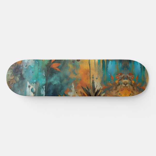 Abstrakten Autumn Harvest Teal Rust Guld Mini Skateboard Bräda 18,5 Cm (Horz)