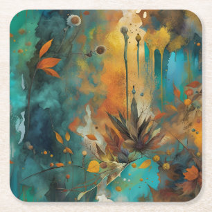 Abstrakten Autumn Harvest Teal Rust Guld Underlägg Papper Kvadrat