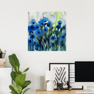 abstrakten "Blå Fält i blommor" Vattenfärg Poster