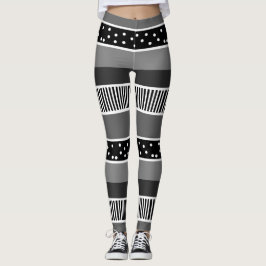Abstrakten Black and White Linjer och Polka Dot Leggings