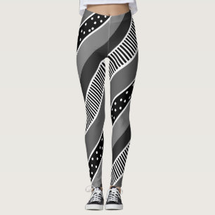 Abstrakten Black and White Linjer och Polka Dot Leggings