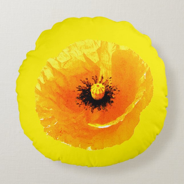 Abstrakten Bröllop i Bright Gult Poppy Flower Blom Rund Kudde (Framsidan)