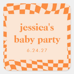 Abstrakten Checkerboard Baby Shower för Retro Oran Fyrkantigt Klistermärke