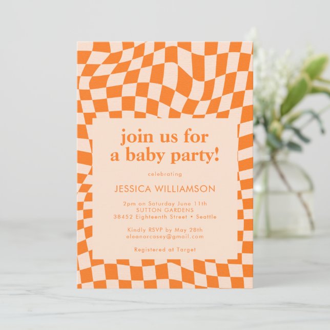 Abstrakten Checkerboard Baby Shower för Retro Oran Inbjudningar (Stående Fram)