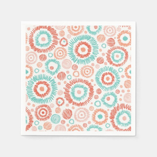 Abstrakten Coral & Turcos Doodle ZigZag Circles Pappersservett (Framsidan)