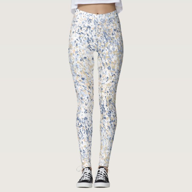 Abstrakten Cream Blue Paint Splatter Leggings (Framsida)