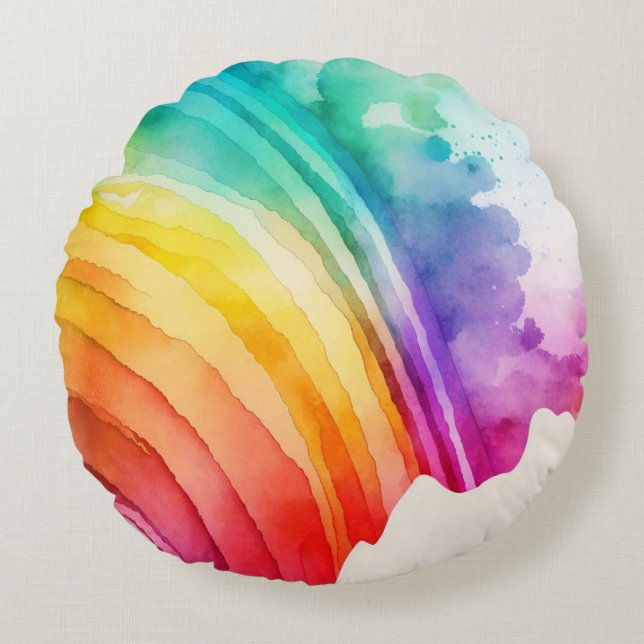Abstrakten Färgade regnbåge, vattenfärg, penshstro Rund Kudde (Framsidan)