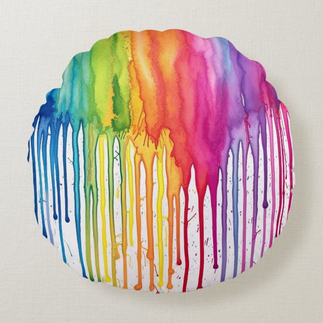 Abstrakten Färgregat för regnbåge, vattenfärgsfärg Rund Kudde (Framsidan)