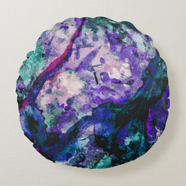 Abstrakten Fluorite Crystal Geode Marble Rund Kudde (Framsidan)