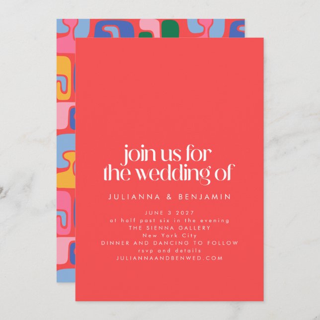 Abstrakten  för Bright Red Retro Coola Shapes Art  Inbjudningar (Fram/baksida)