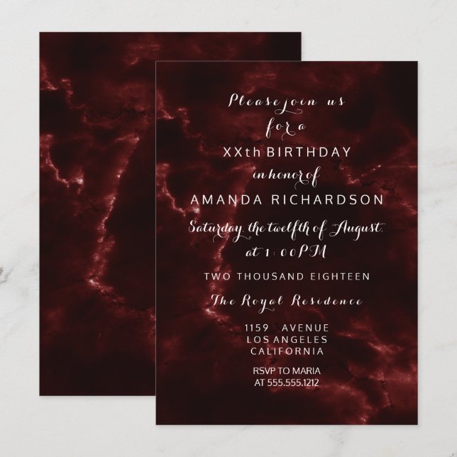 Abstrakten för händelsen Maroon Burgundy Marble mi Inbjudningar (Fram/baksida)