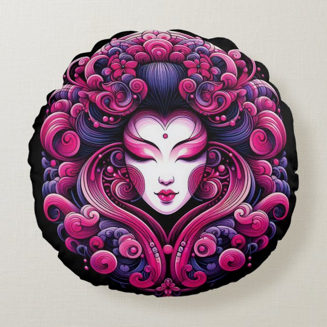 Abstrakten Geisha fractal rosa vinkarare Rund Kudde (Framsidan)