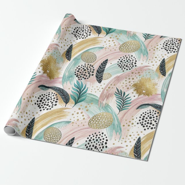 Abstrakten Guld och botaniskt brushstroke Presentpapper (Utrullad)