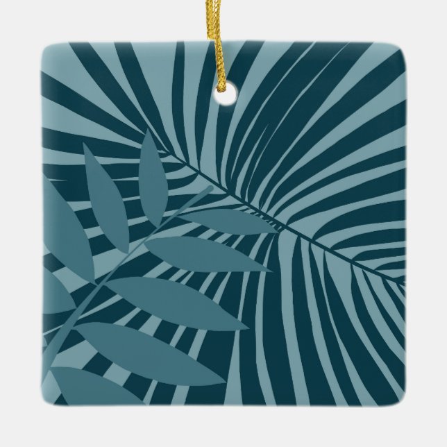 abstrakten handflatan och tropiska löv i blått grö julgransprydnad keramik (Framsida)