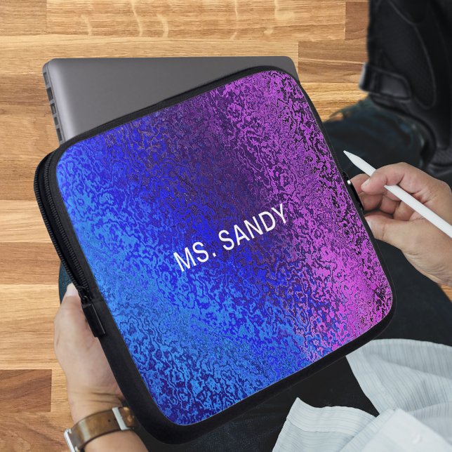 Abstrakten Lägg till Namn i  Blå och Lila Shiny Sh Laptop Fodral (Blue and Purple Shiny Shades Abstract Add Name Laptop Sleeve)