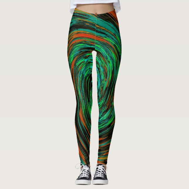 Abstrakten Lime Green och Orange  Retro Twirl Leggings (Framsida)