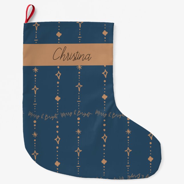 Abstrakten Merry & Bright Modern Navy Blue & Guld Stor Julstrumpa (Framsidan)