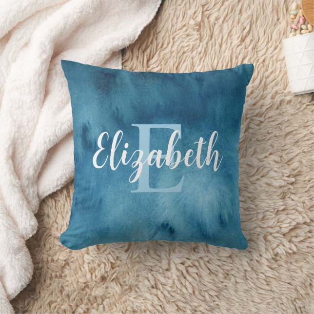 Abstrakten Monogrammed turkos Blue Watercolor Kudde (Filt)