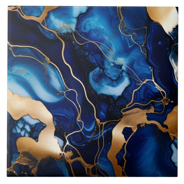 Abstrakten Navy Blue Guld Marble Alcohol Bläck Kakelplatta (Framsidan)