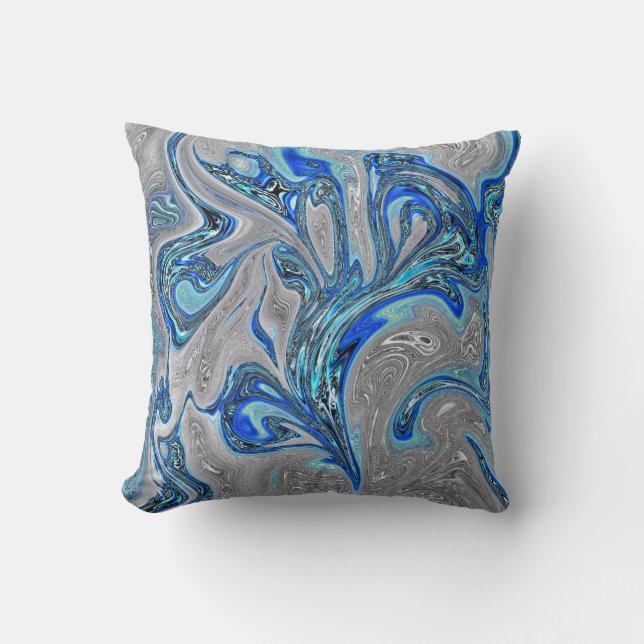 Abstrakten Peacock Blue och Silver Marcular Kudde (Framsida)