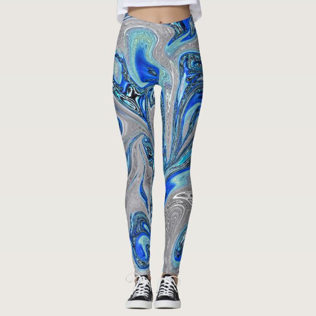 Abstrakten Peacock Blue och Silver Marcular Leggings (Framsida)