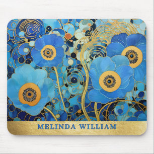Abstrakten Personlig Namn Art Blåa blommor Guld Musmatta