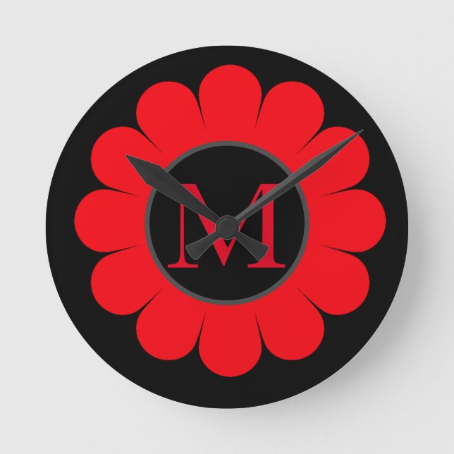 Abstrakten Red Blommigt Monogram Black Custom Name Rund Klocka (Framsida)