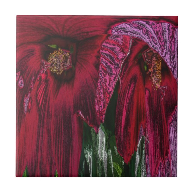 Abstrakten Red Hibiscus Blommigt Art Tile Kakelplatta (Framsidan)