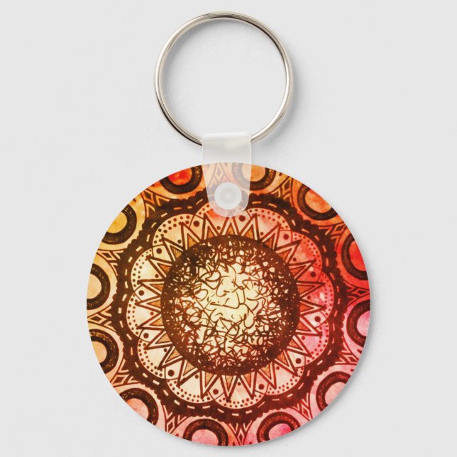 Abstrakten Red, Orange & Gult Mandala Art Keychain Nyckelring (Framsida)